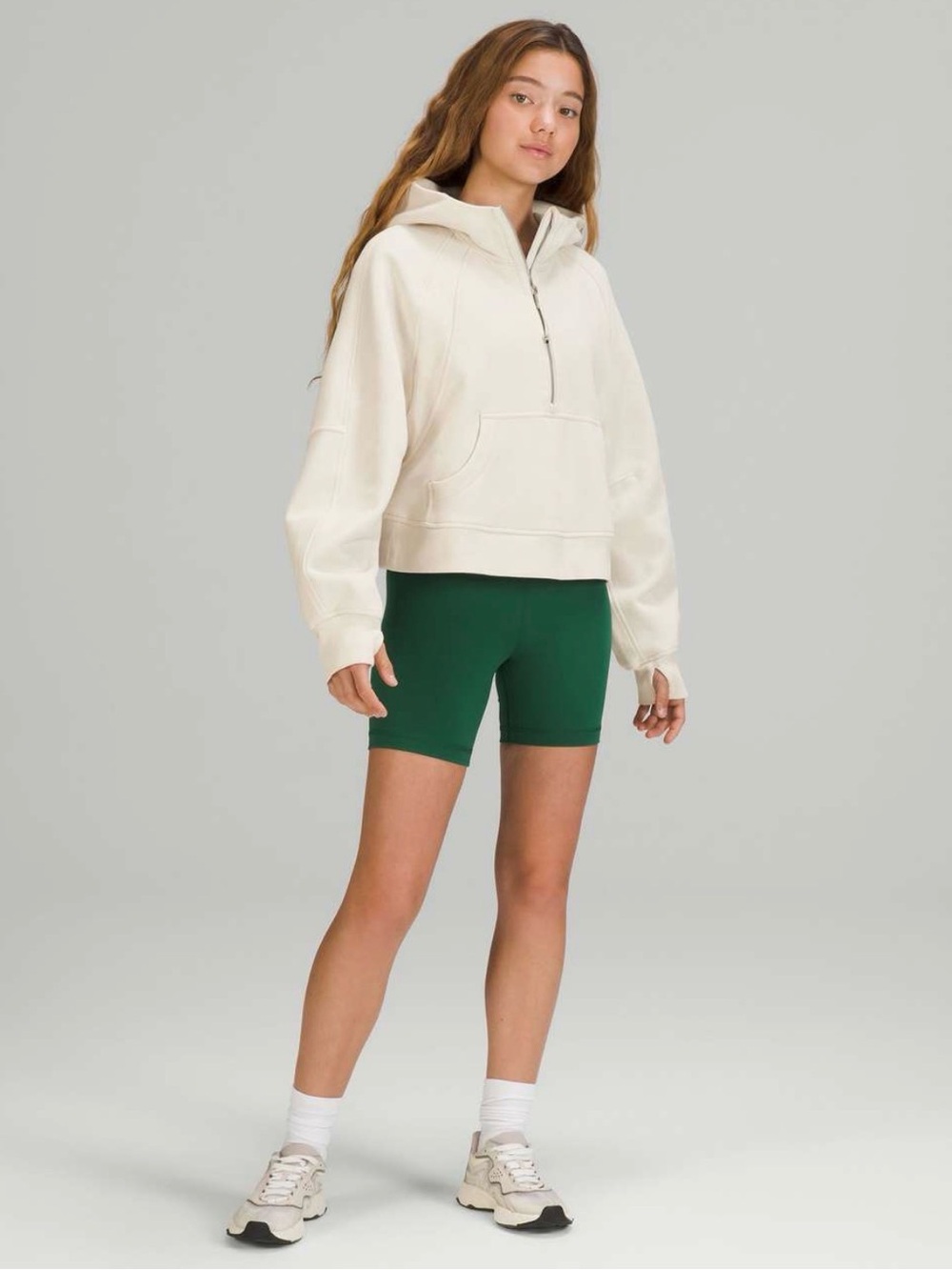 lululemon athletica Cream Half-Zip Hoodie with Green Bike Shorts